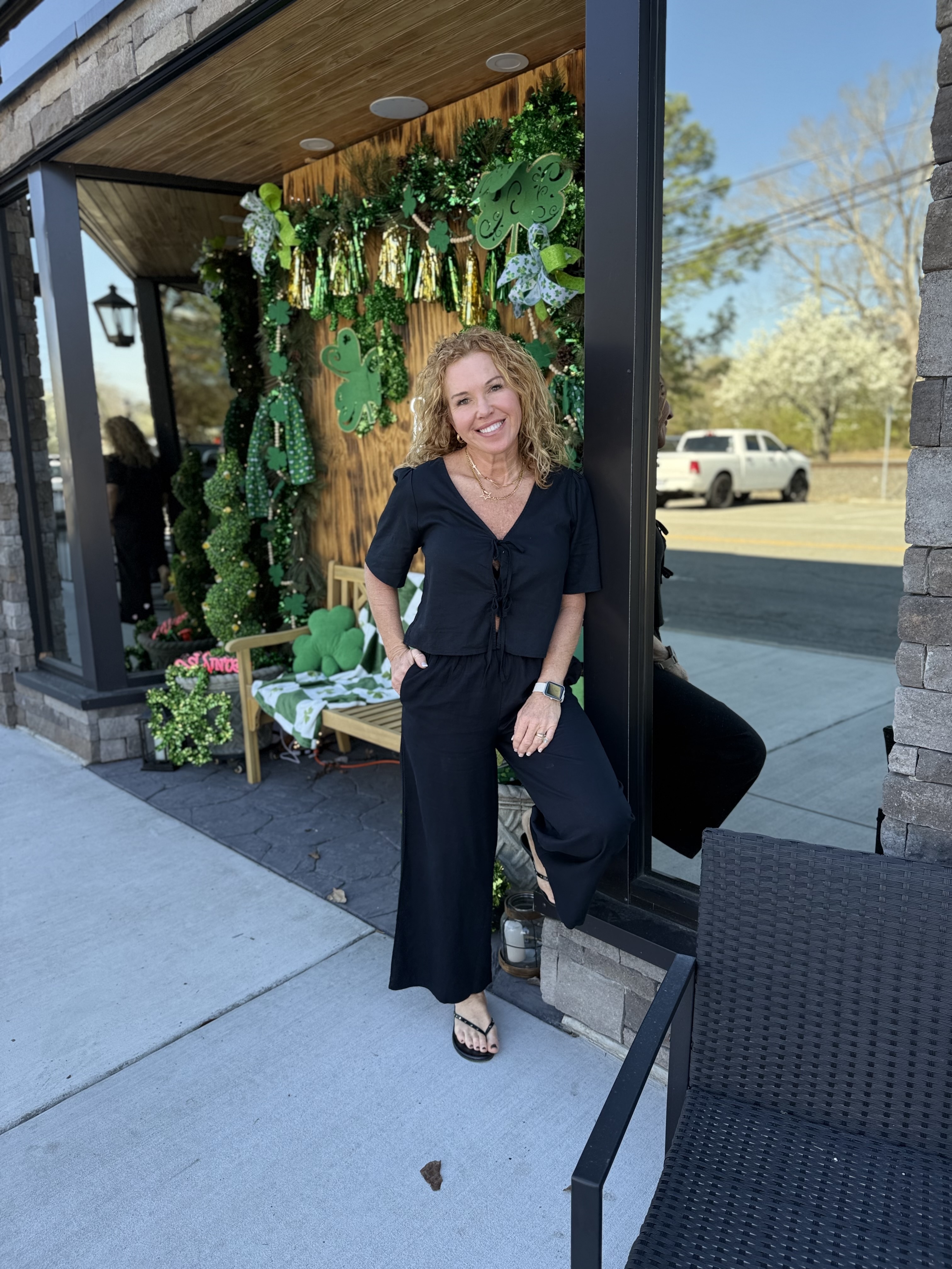 Woman's white and blue floral smocked two-piece set