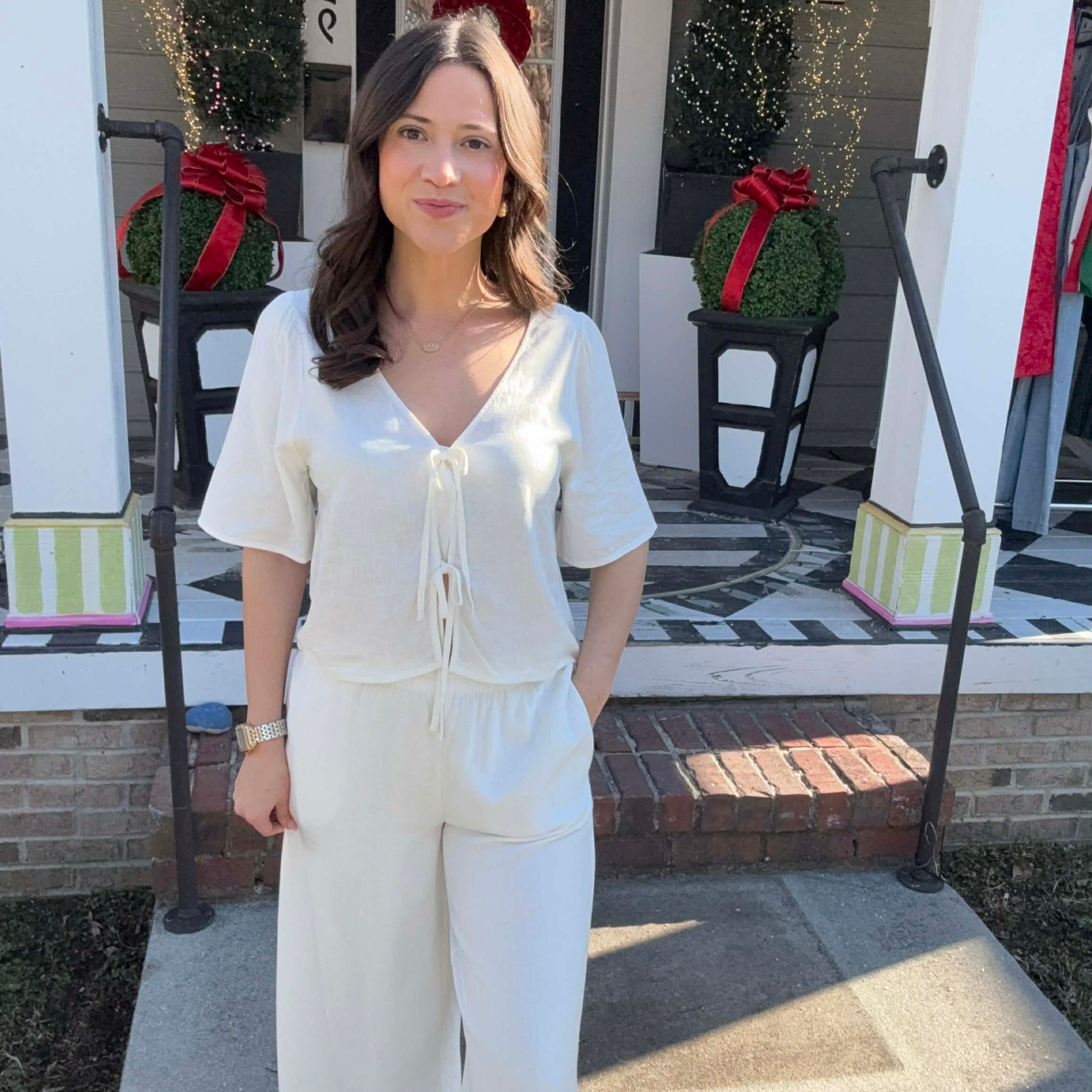 Woman's cream linen two piece set with front-tie top