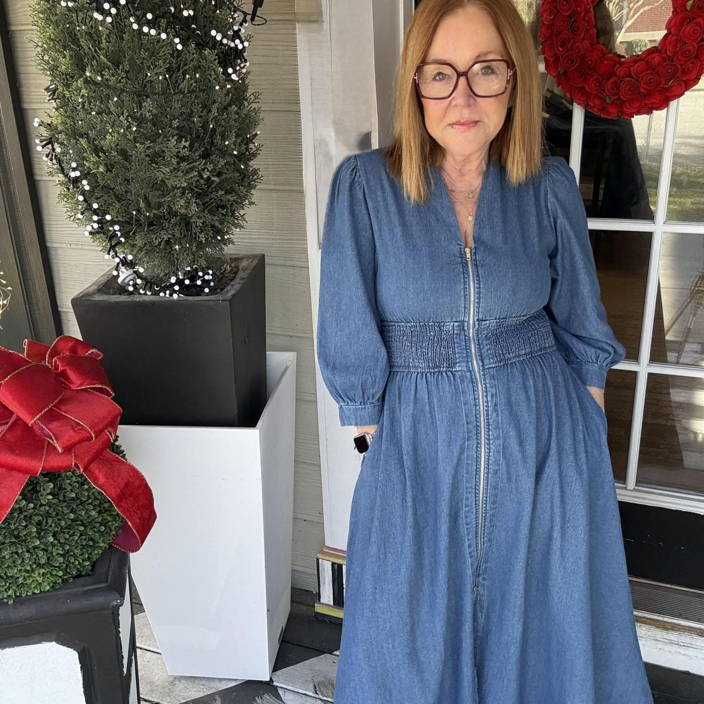 Woman's long-sleeve, long-hem medium denim dress