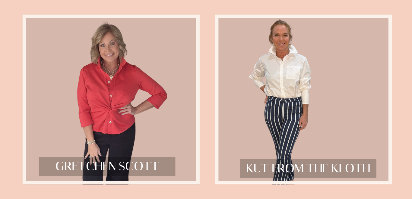 Woman's red front tie blouse designed by Gretchen Scott and Woman's navy and white pin stripped jeans designed by Kut From the Kloth