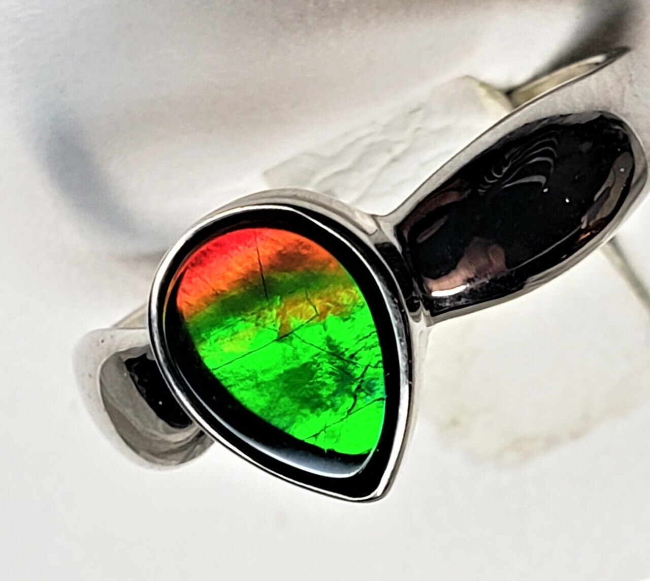 Pear Shaped Sterling Silver Triplet Ammolite Ring with 7x9 Ammolite