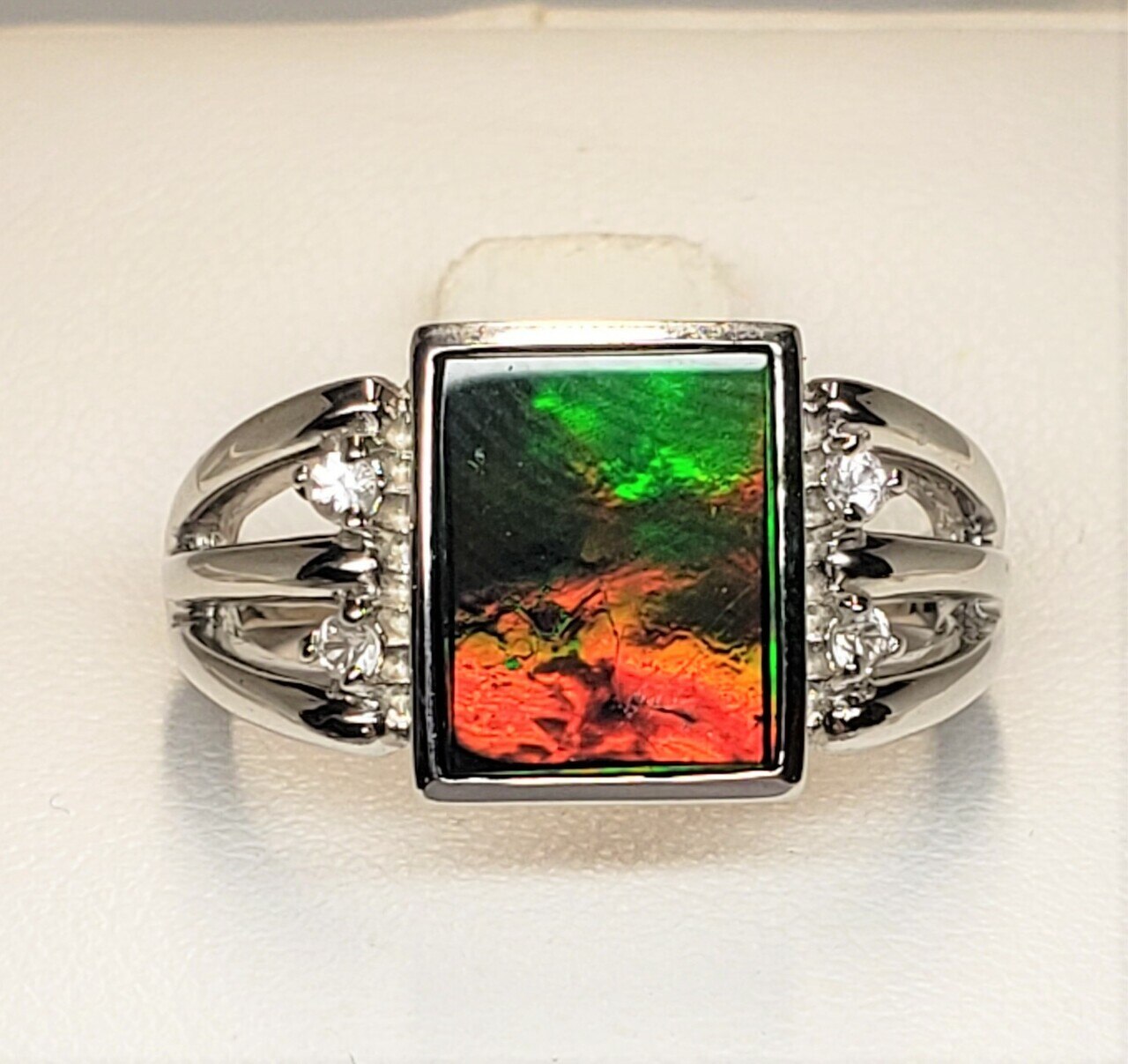 Stunning Sterling Silver Triplet Ammolite Ring with a 8 x 12 mm Ammolite Triplet Gemstone Gem with a pallet of Green, Red and Gold Colors