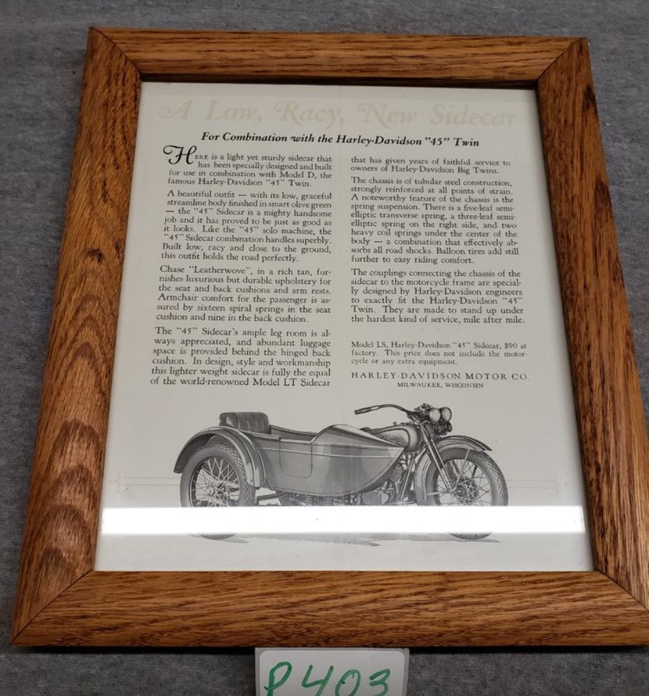 Original Harley-Davidson Sidecar Brochure in Oak Wood Frame