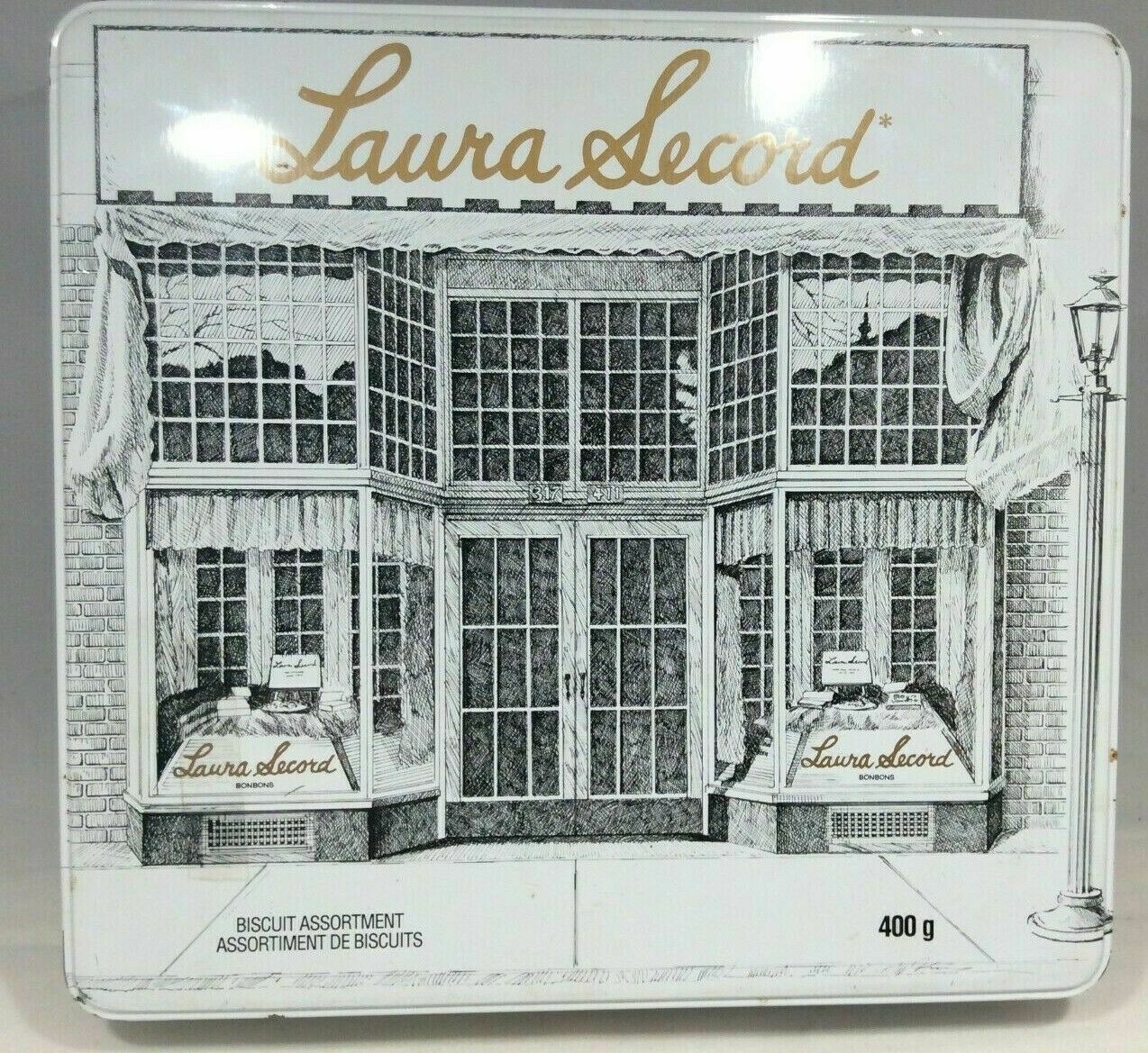 Laura Secord Biscuit Tin Empty Black & White Store Front W/ Lamp Post