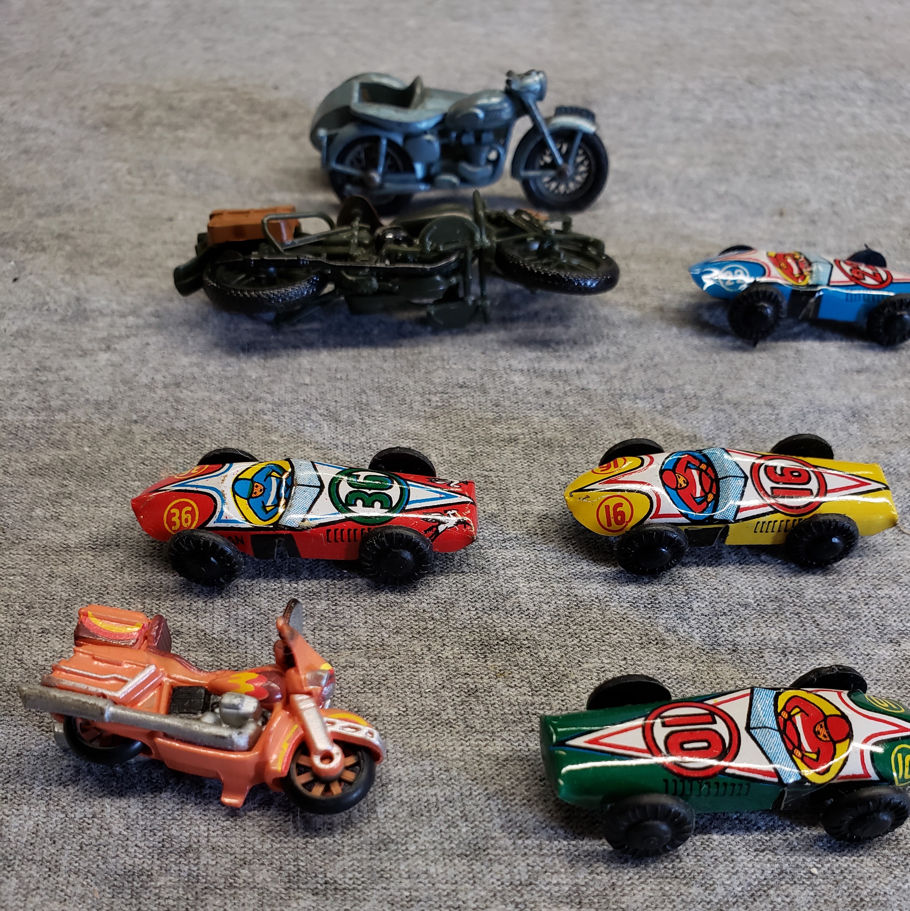Matchbox Lesney No 4 Triumph Motorcycle w/ Sidecar and 6 other collectibles