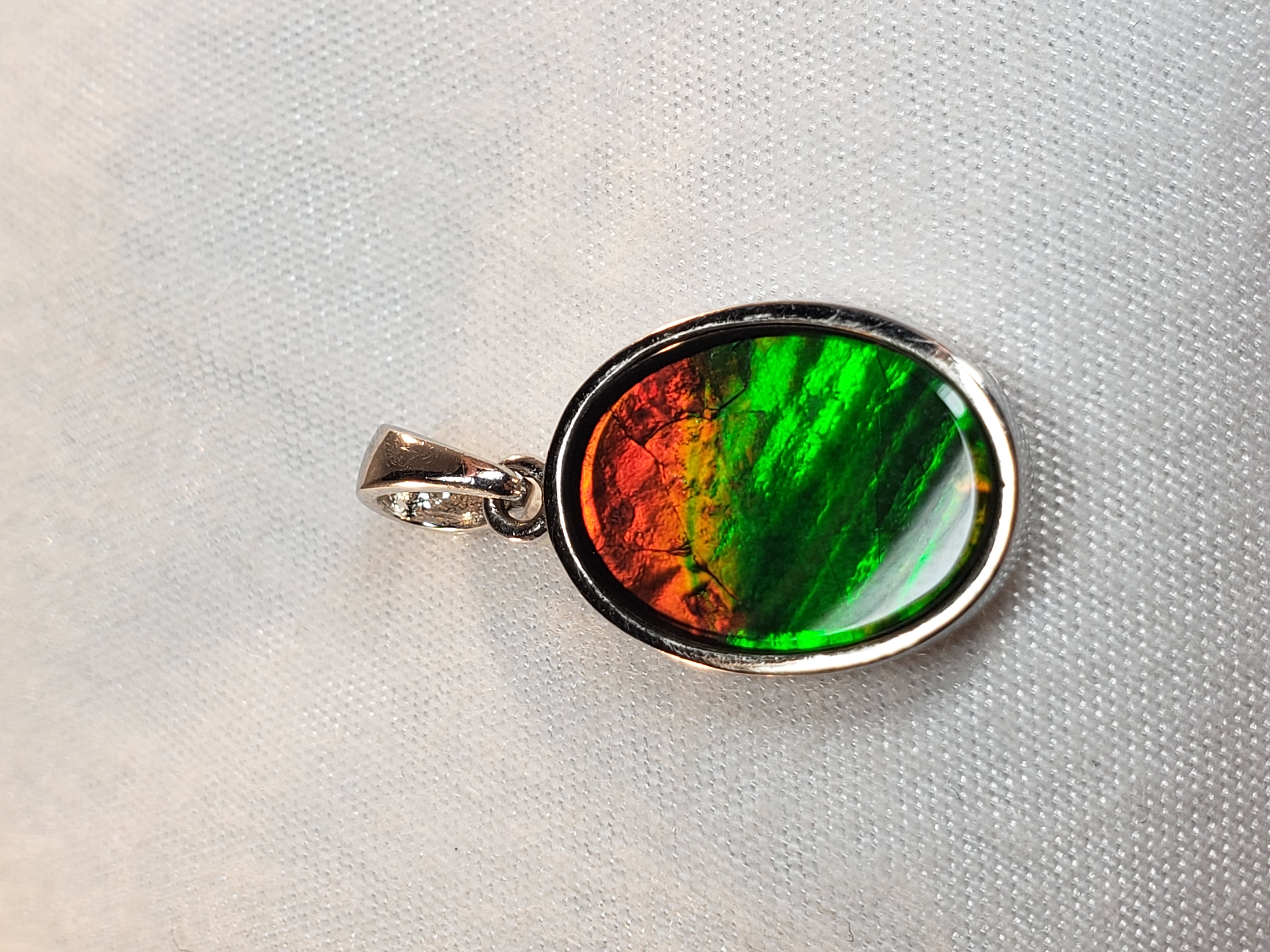 18x12 MM Ammolite Sterling Silver Oval 2 Color Bright Green & Red Pendant