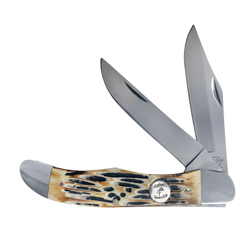 Bear & Son C565 5.25" Genuine India Stag Bone 2 Blade Folding Hunter W/ Leather Sheath