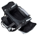 Features large compartment with U-shaped double zipper.