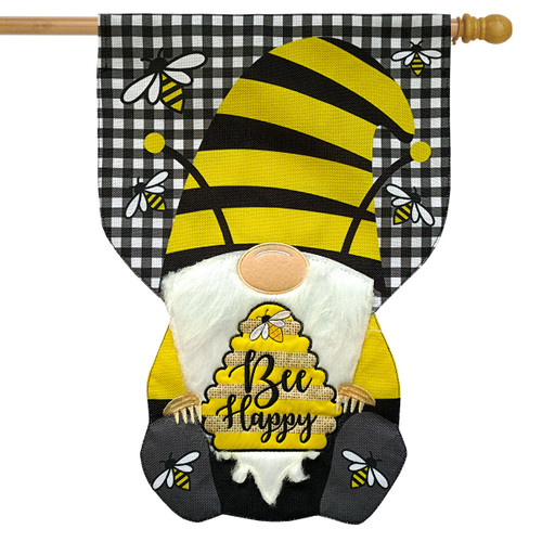 Bee Happy Gnome Sculpted Burlap House Flag
