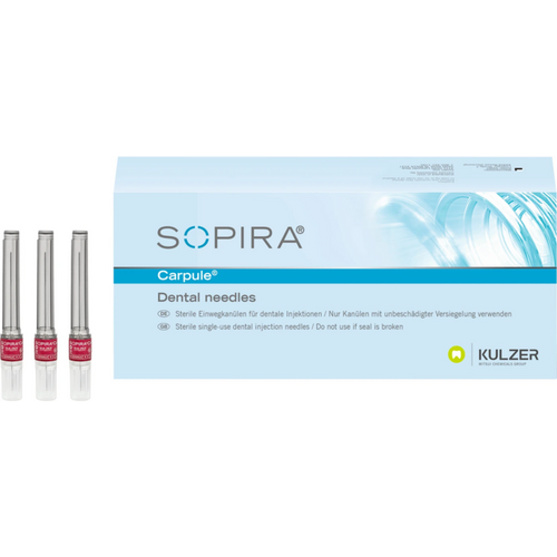SOPIRA Carpule kanyler refill-pakke 100 stk. 27G, 38 mm, lang skråfaset, mørkerød, nerveblokkanestesi