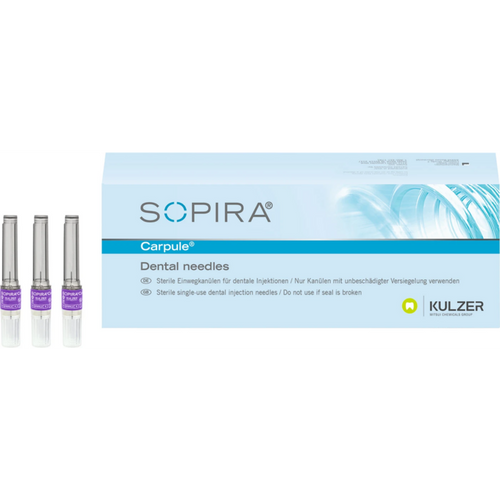 SOPIRA Carpule kanyler refillpakning 100 stk. for 27G, 8 mm, lang skråfas, fiolett, intraseptal injeksjonstype