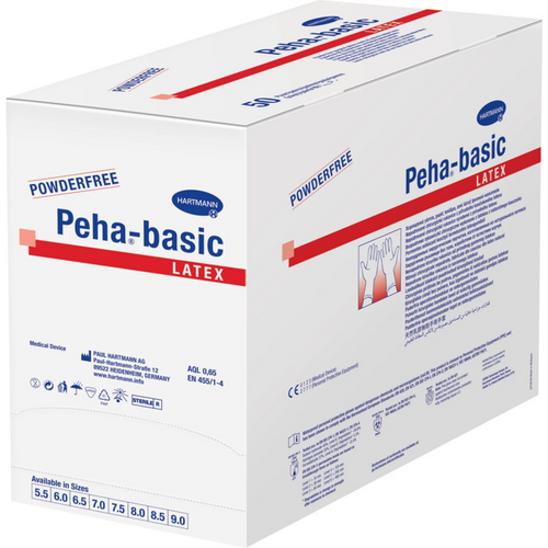 Peha-basic latex 50 par, pudderfrie, hvit, størrelse 9