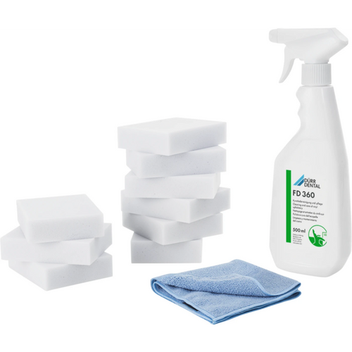 FD 360 rengjøring og pleie av kunstskinn sett 500 ml flaske FD 360, 1 pusseklut, 9 svamper