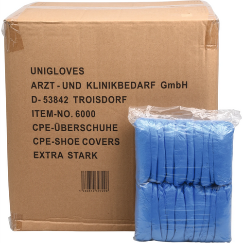 CPE overtrekkssko 20 x 100 stk. blå, ca. 40 cm lange, tykkelse 35 µm