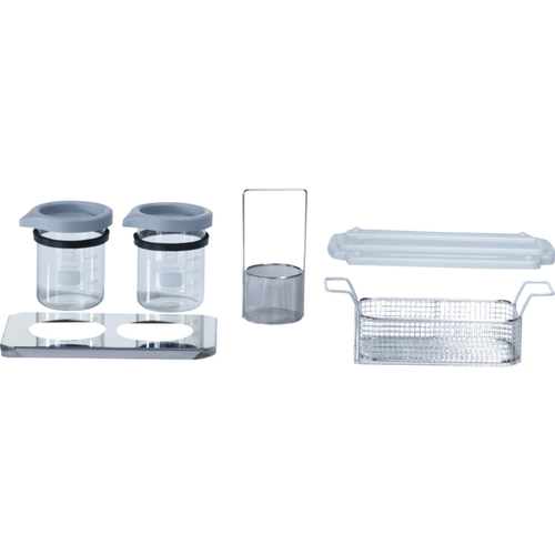 Hygosonic glassett 2 x 600 ml begerglass med lokk og gummifestering, perforert metallbrett