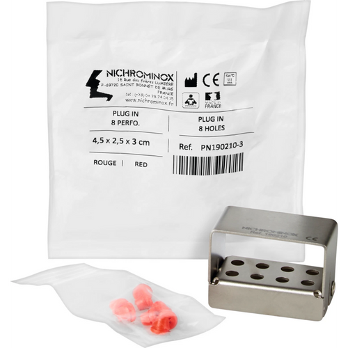 PLUG IN borholder stk. for 8 instrumenter (2 rader med 4 hull), rød, 4,5 x 2,5 x 3 cm