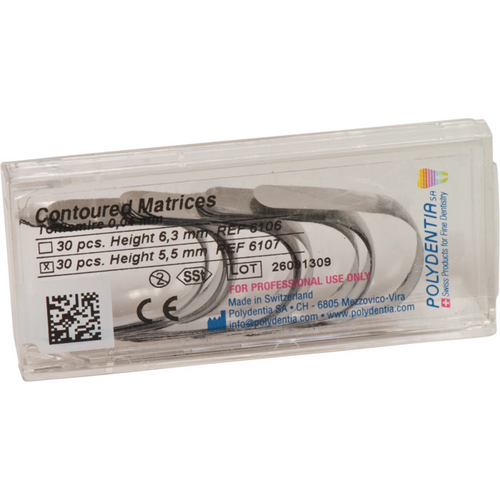 Matriser buet Tofflemire 30 stk, høyde 5,5 mm, tykkelse 0,04 mm, premolar