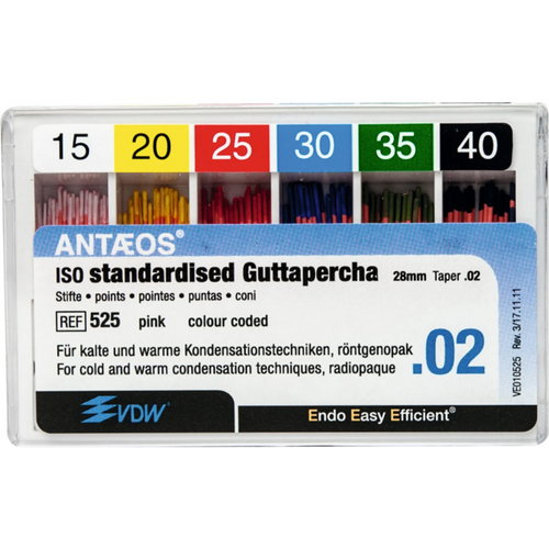 Guttapercha points assortert 120 stk. rosa, Taper.02 ISO 015-040