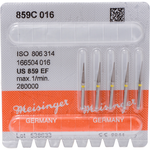 Diamant 859 5 stk. gul ekstra fin, FG, fasong 166 kjegle spiss, 10 mm, ISO 016