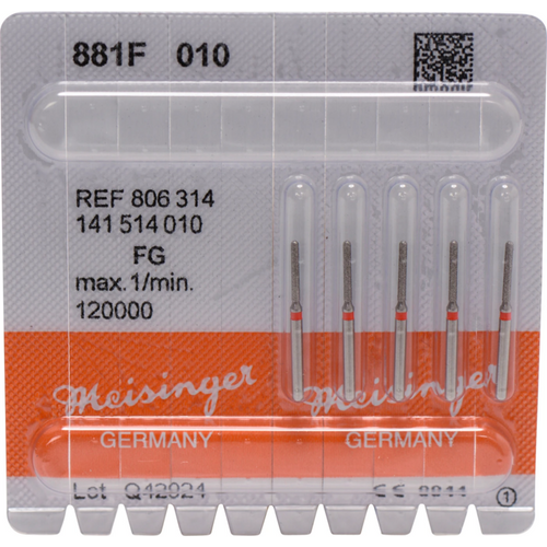 Diamant 881 5 stk. rød fin, FG, figur 141 sylinder avrundet, 8 mm, ISO 010