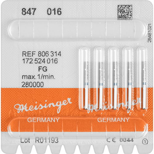 Diamant 847 5 stk. blå medium, FG, figur 172 kjegle skarp kant, 8 mm, ISO 016