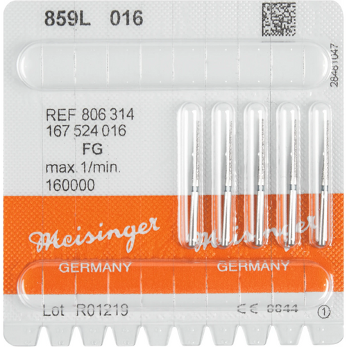 Diamant 859 5 stk blå medium, FG, fasong 167 lang, konisk spiss, 12 mm, ISO 016