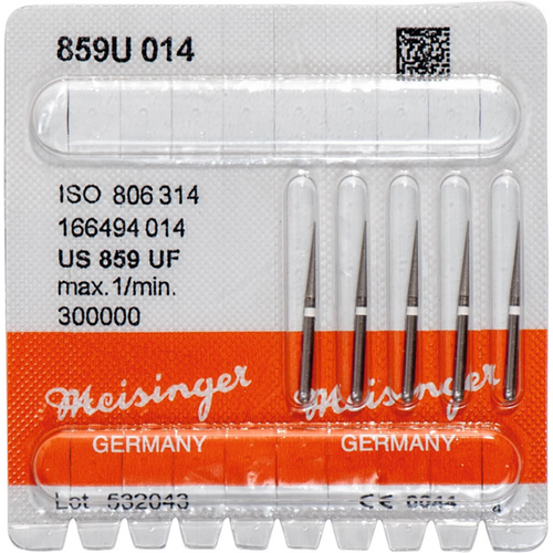 Diamant 859 5 stk hvite ultrafine, FG, fasong 166 konisk spiss, 10 mm, ISO 014