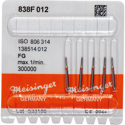 Diamant 838 5 stk rød fin, FG, figur 140 sylinder lang, 7 mm, ISO 012