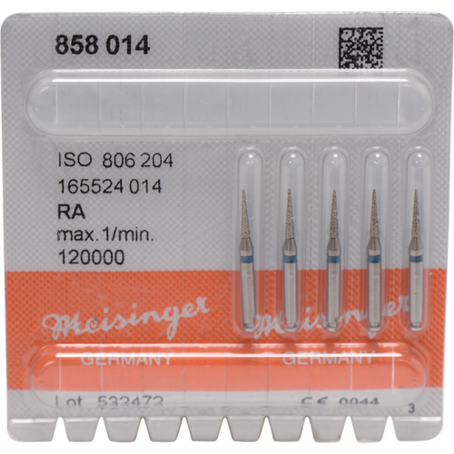 Diamant 858 5 stk. blå medium, RA, figur 165 konisk, spiss nål, 8 mm, ISO 014