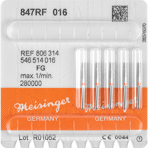 Diamant 847 5 stk rød fin, FG, fasong 546 avrundet kjegleformet kant, 8 mm, ISO 016