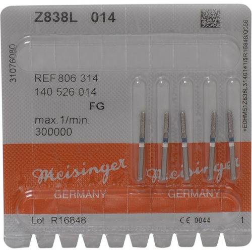 Diamant Z838L 5 stk. blå medium, FG, figur 140 lang sylinder avrundet, 6 mm, ISO 014