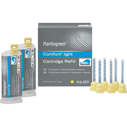 Xantopren Comfort System standardpakke 2 x 50 ml dobbel patron lyseblå, 12 blandespisser