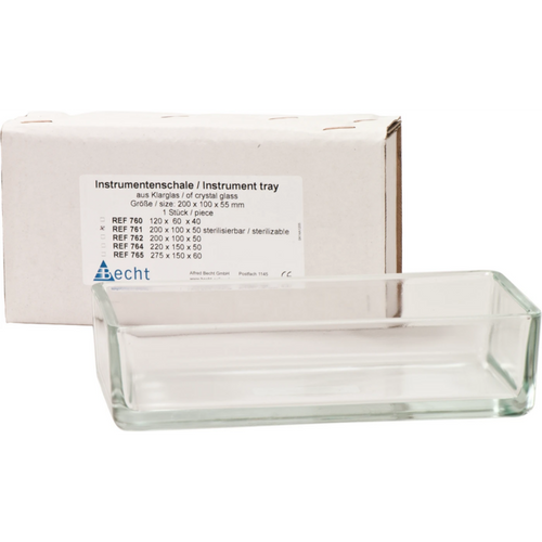Instrumentbrett i klart glass  stk. nr. 761, 200 x 100 x 50 mm, autoklaverbar