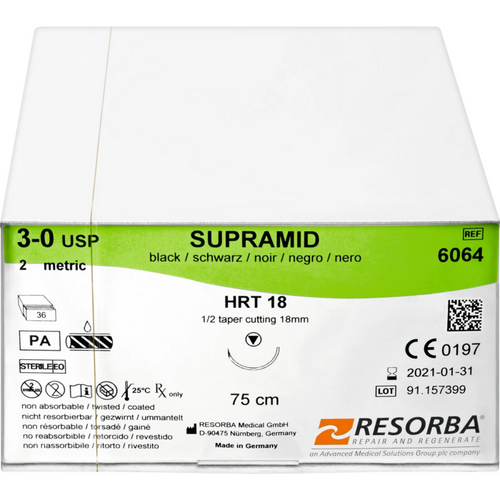 RESORBA Supramid 36 stk., sort, 75 cm, HRT 18, USP 3/0