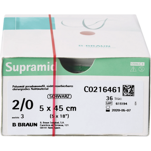 Sutur 36 stk Supramid, 5 x 45 cm svart, USP 2/0
