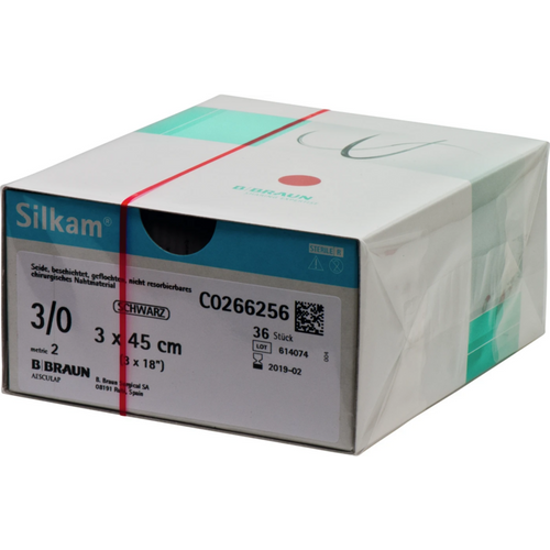 Sutur 36 stk. Silkam, 3 x 45 cm sort, USP 3/0