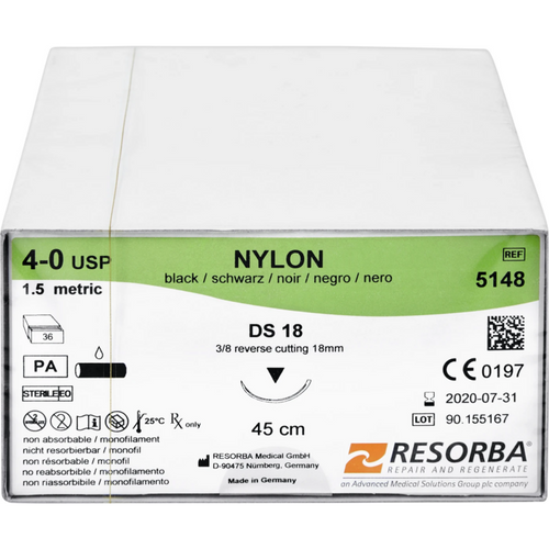 Nylon monofilament 36 stykker, svart, 45 cm, DS 18, USP 4/0