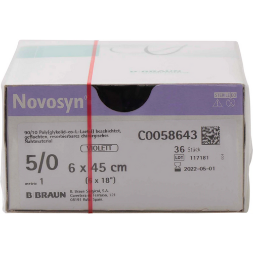 Novosyn 36 stk. 6 x 45 cm, fiolett, USP 5/0, metrisk 1