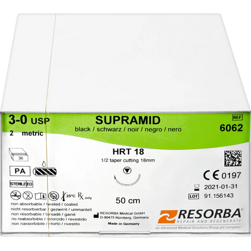 RESORBA Supramid 36 stk., svart, 50 cm, HRT 18, USP 3/0