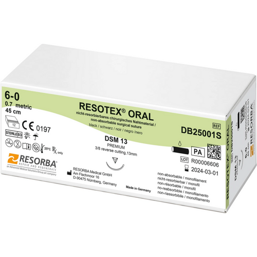 Resotex Oral 12 stk., svart, 45 cm, DSM 13 sølv, USP 6/0