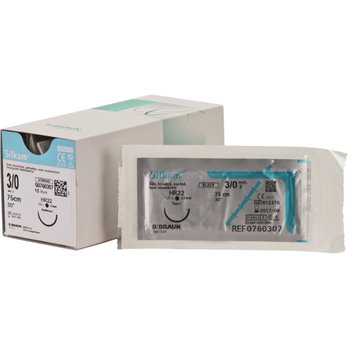 Silkam 12 stk. sort, 75 cm, USP 3/0, HR22