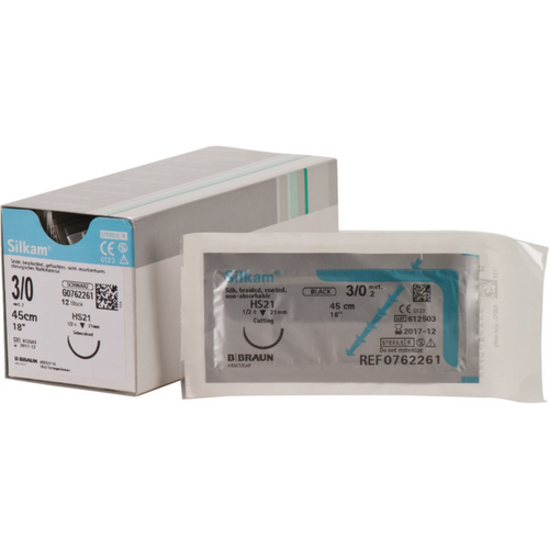 Silkam 12 stk., svart, 45 cm, USP 3/0, HS21