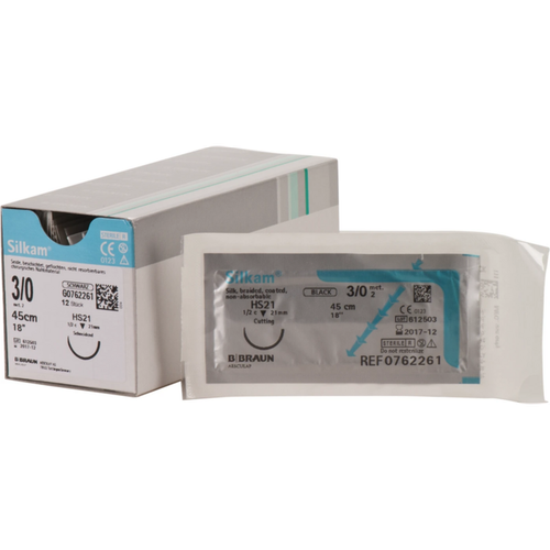 Silkam 12 stk., svart, 45 cm, USP 3/0, HS21