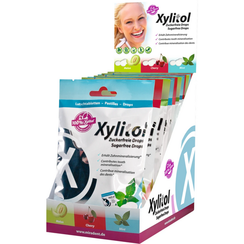 Xylitol Drops display 12 x 26 stk. assortert 3x4, (kirsebær, melon, mint)