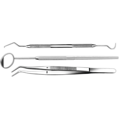 Første undersøkelsessett 3 sett med 3 instrumenter (speil, sonde, pinsett)