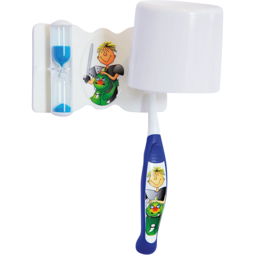 Komplett tannpleiesett Ritter pack (1 tannbørste, 1 tannbørsteklokke med holder 2,5 min, 1 tannbørstekopp) blå