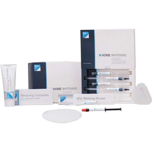 HOME WHITENING pasientsett 5 x 3 ml tannblekingsgel 16 % Cp, 3 ml etterblekingsmousse, tilbehør