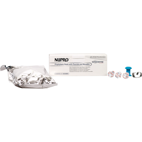NUPRO med NovaMin 175 x 1,4 g pussepasta appelsin med fluor, 1 Prophy Grip, 1 ring