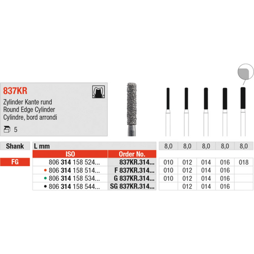 Diamant 837KR 5 stk svart supergrov, FG, figur 158 sylinder avrundet kant, 8 mm, ISO 014