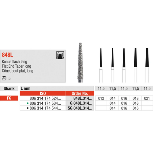 Diamant 848L 5 stk. svart supergrov, FG, figur 174 konisk flat lang, 11,5 mm, ISO 014